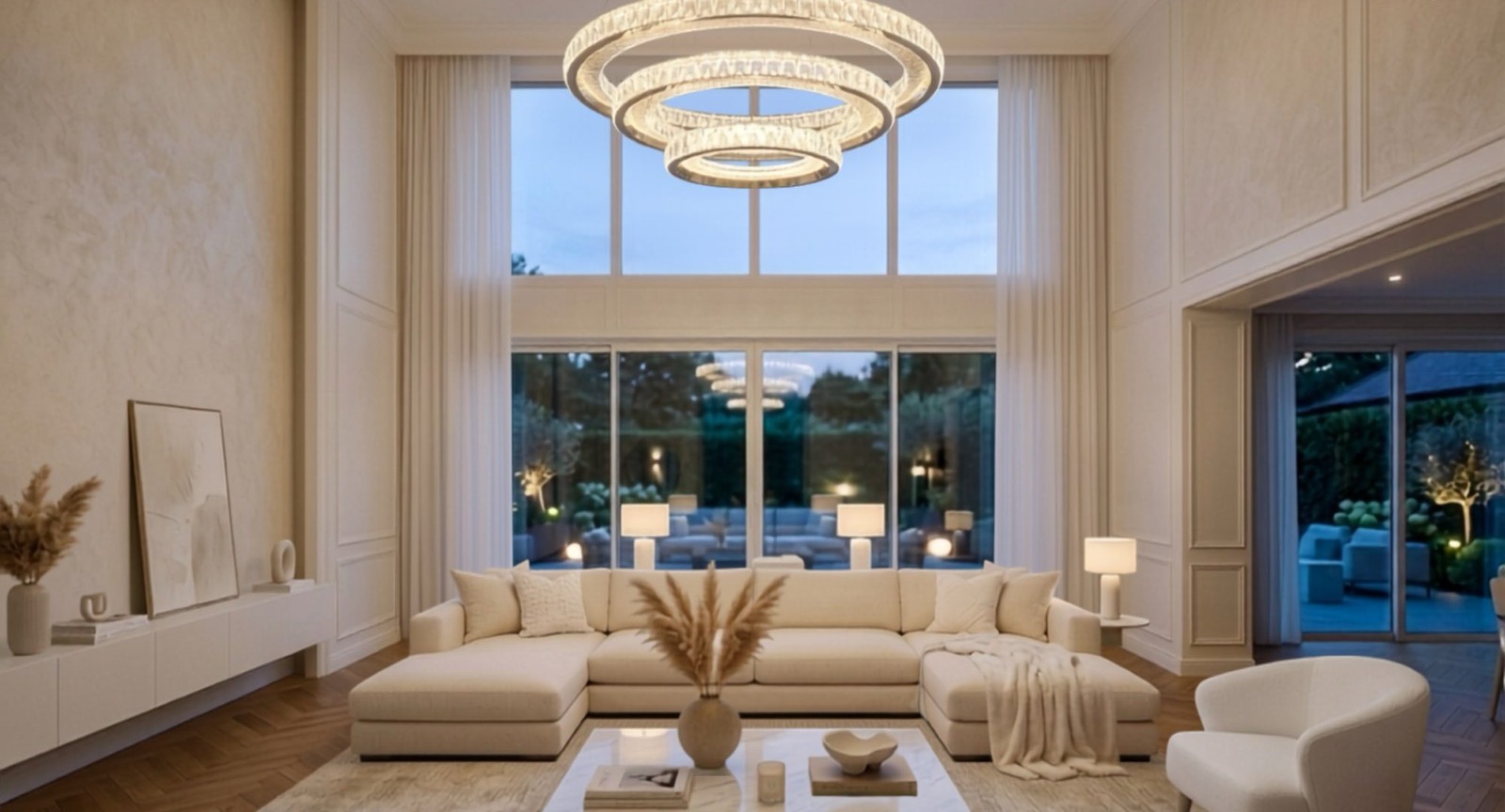 โคมไฟวงแหวนคริสตัลในห้องรับแขกเพดานสูง Rainny Lighting